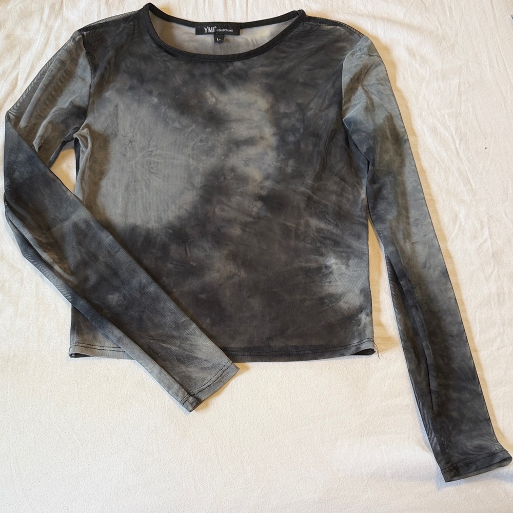 YMI Black Gray Tie-Dye Sheer Long Sleeve Mesh Top